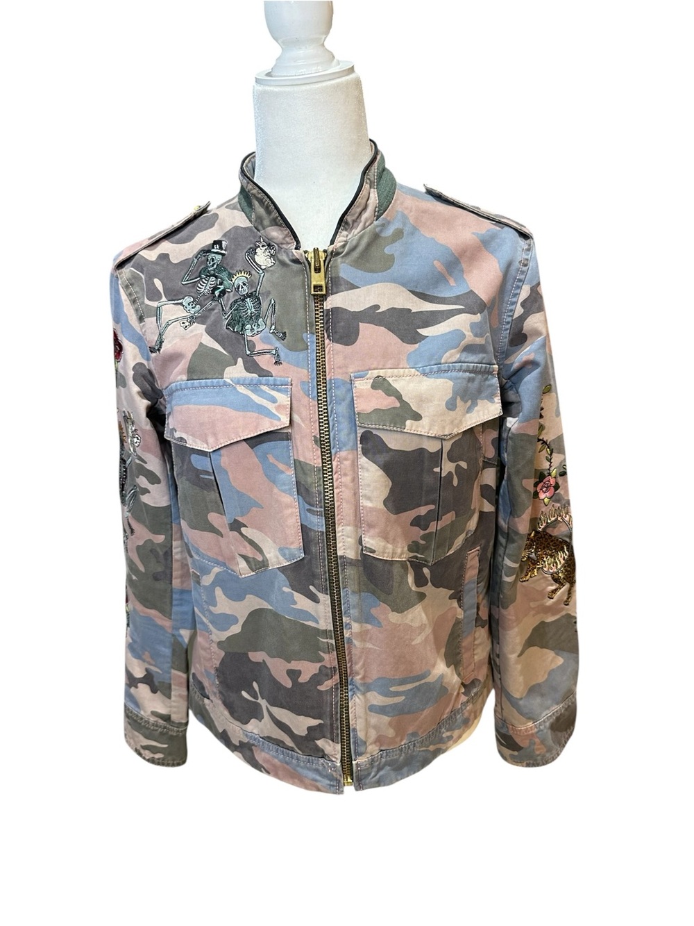 Zadig & Voltaire Kavy Camo Brode Embroidered Bomber Utility Military Jacket